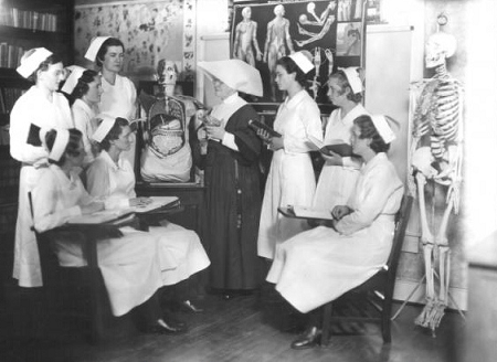Anatomy class for nursing students at Lourdes Hospital, 1934.