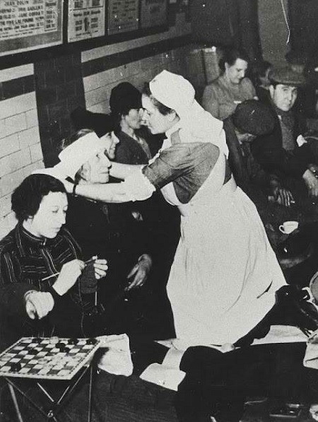 Nurse inside a WWII bomb shelter